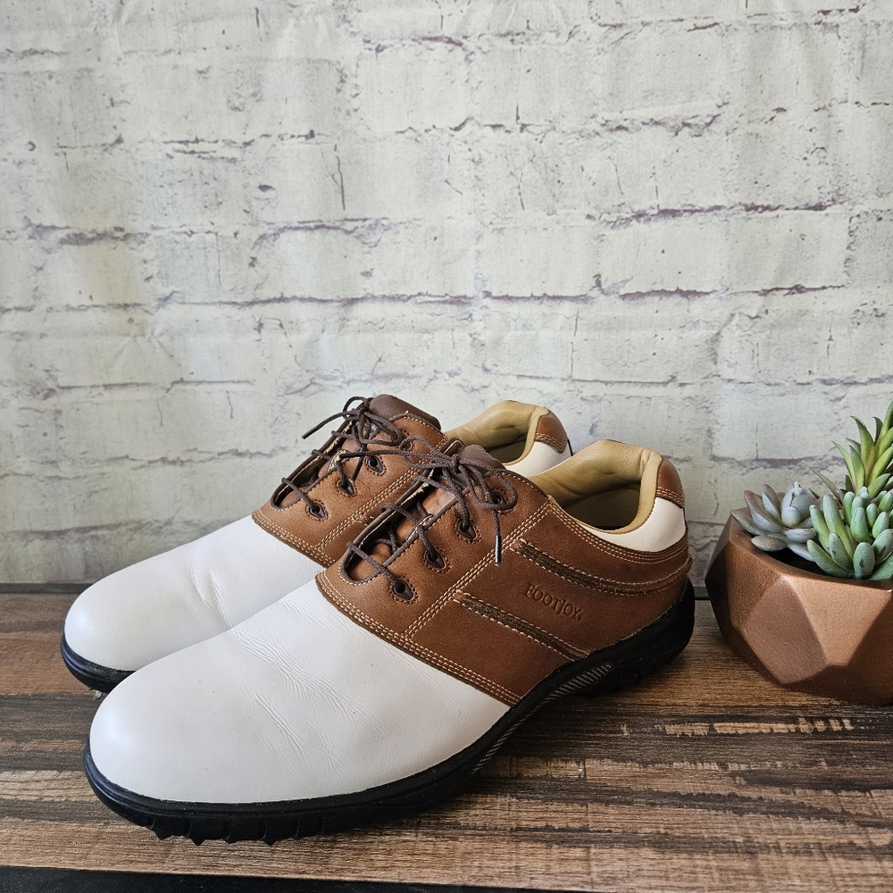 Footjoy Contour Classic Brown & White Leather Oxford Golf Shoe Twist Spikes 13M